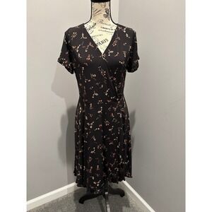 Gilli Black Floral Wrap Midi Dress Short Sleeve Ruffle Hem Women Size Large